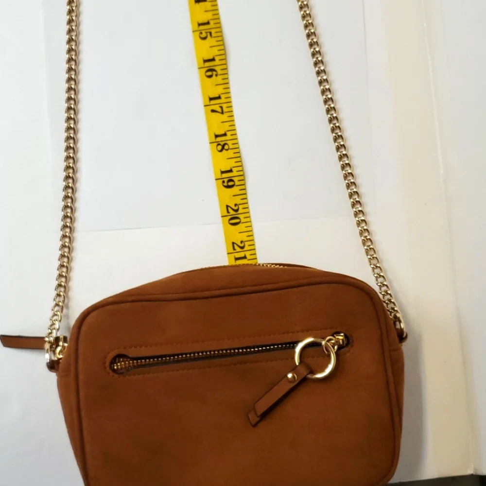 H&M Faux Brown Suede Gold Chain Crossbody Shoulder Bag Gold Accents - Picture 5 of 8